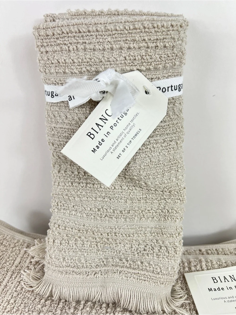 Bianca Bath Towel Set Tan with Fringe Textured Cotton Made in Portugal 4 Pc NEW